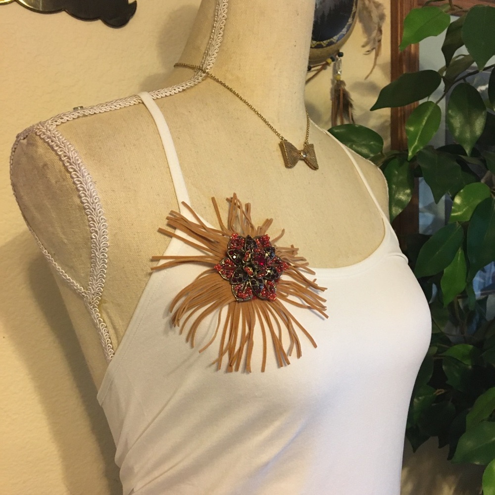 Vintage repurpose stone & bead fringe brooch